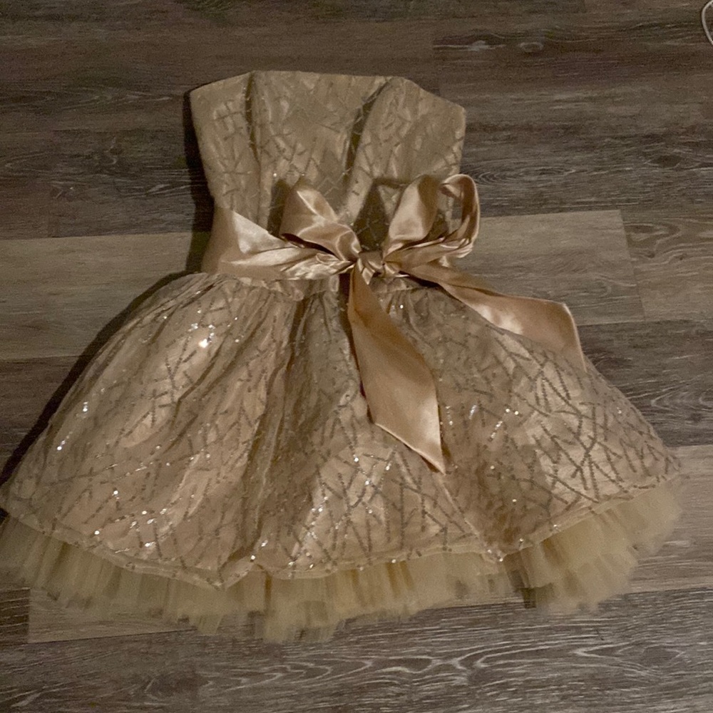 Jessica McCintock, gold with silver sequins, size 5
